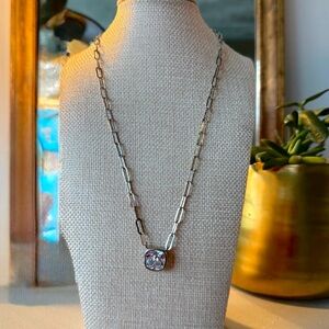 Waterproof Silver Paperclip Chain Necklace with Clear Stone Pendant